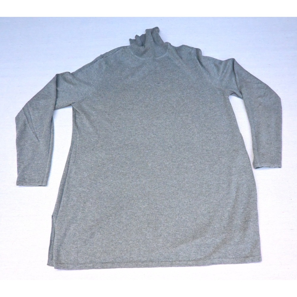 Chicos Womens 2 L Grey High Neck Tunic Sweater Cotton Blend Raglan Long Sleeve